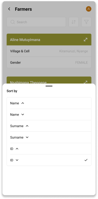 Farmers list screen of INATrace Mobile App
