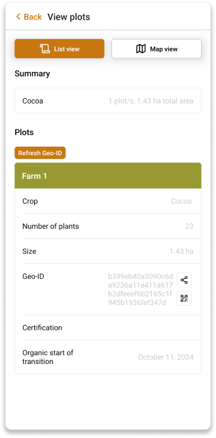 Plots list screen of INATrace Mobile App