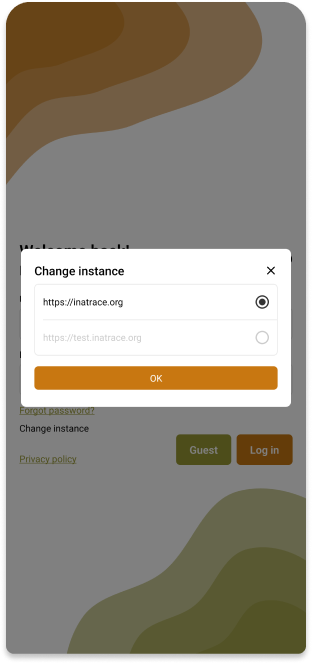 Change instance screen of INATrace Mobile App