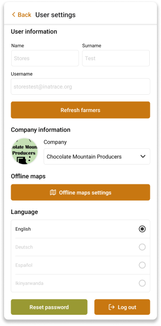 User settings screen of INATrace Mobile App
