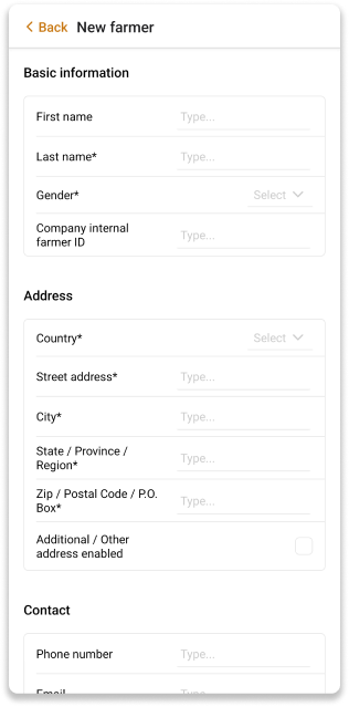 Bildschirm zur Erstellung eines neuen Landwirts in der INATrace Mobile App