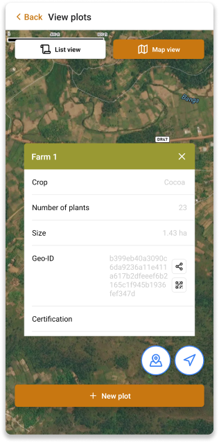 Bildschirm der Grundstücksdetails der INATrace Mobile App
