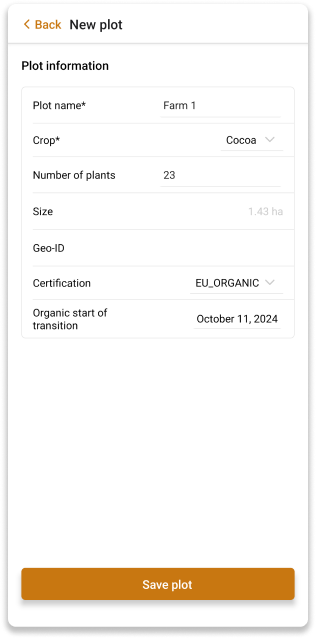 Pantalla de añadir detalles de la parcela en la aplicación INATrace Mobile