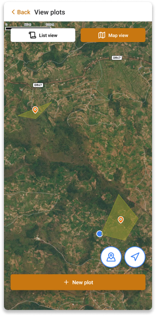 Pantalla de lista de parcelas en la vista de mapa de la Aplicación Móvil INATrace