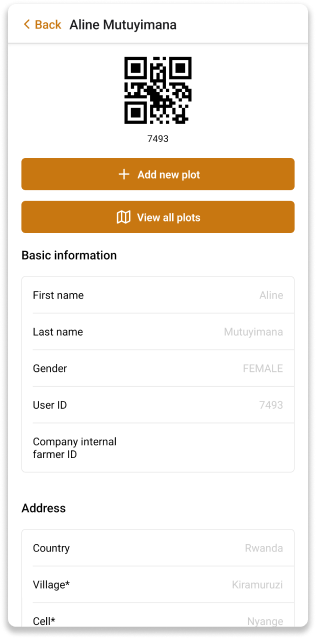 Ecran y'ibisobanuro by'umuhinzi muri INATrace Mobile App