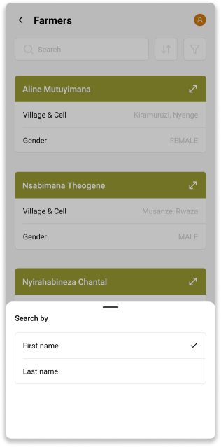Ecran yo guhitamo no gushakisha abahinzi muri INATrace Mobile App