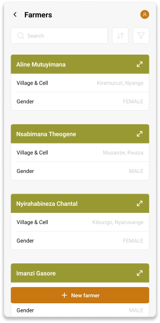 Ecran y'urutonde rw'abahinzi muri INATrace Mobile App